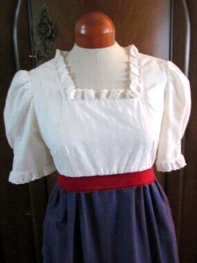 REGENCY GOWN, M, JANE AUSTEN ERA COSTUME, WHITE, BLUE & RED DAY DRESS, HANDMADE